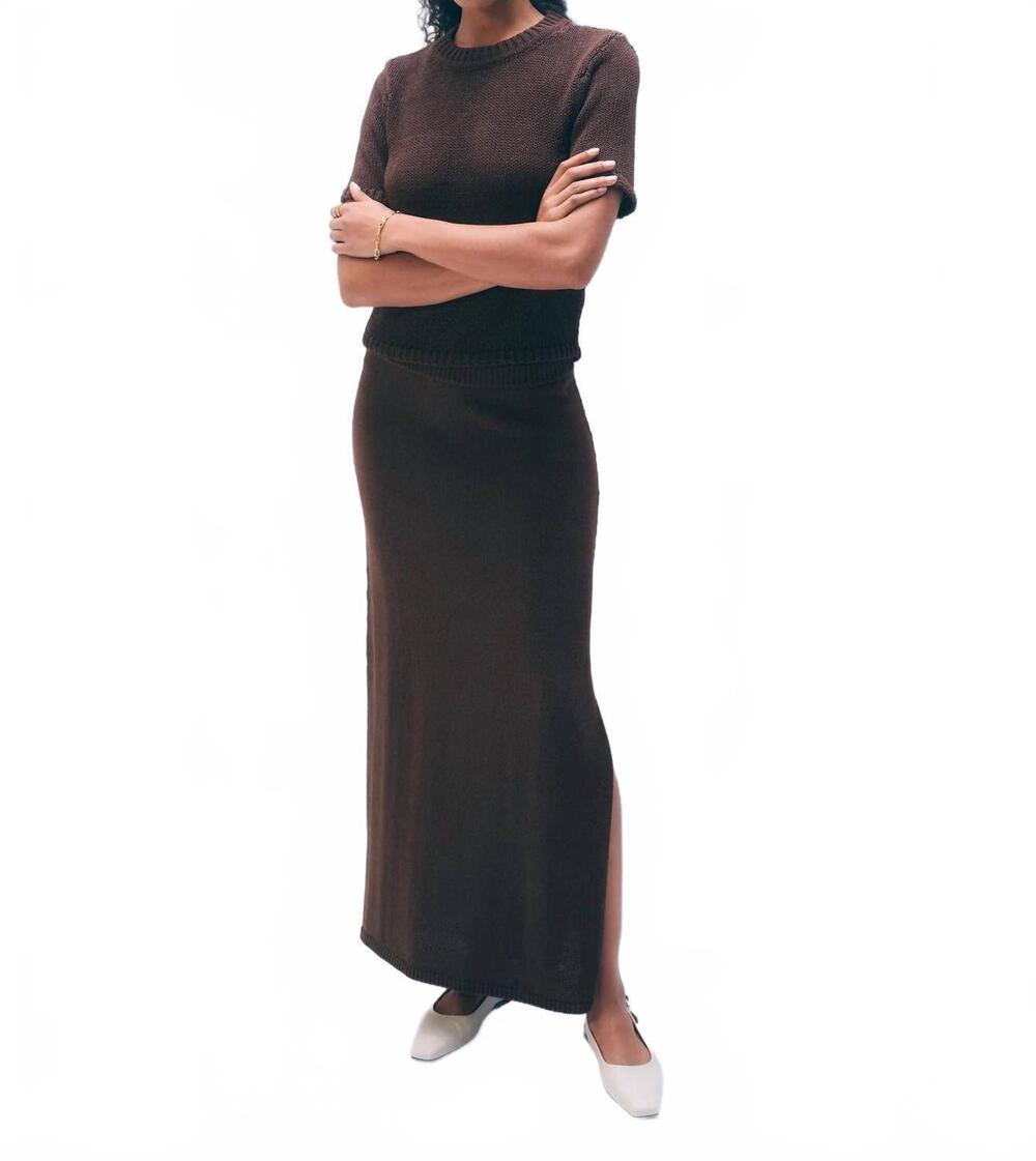 NEW WHITE + WARREN luxe organic cotton skirt in dark espresso